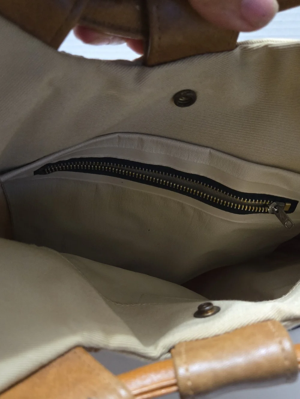 Levi's beige cotton canvas tote W/ brown leather trim & structural top handles